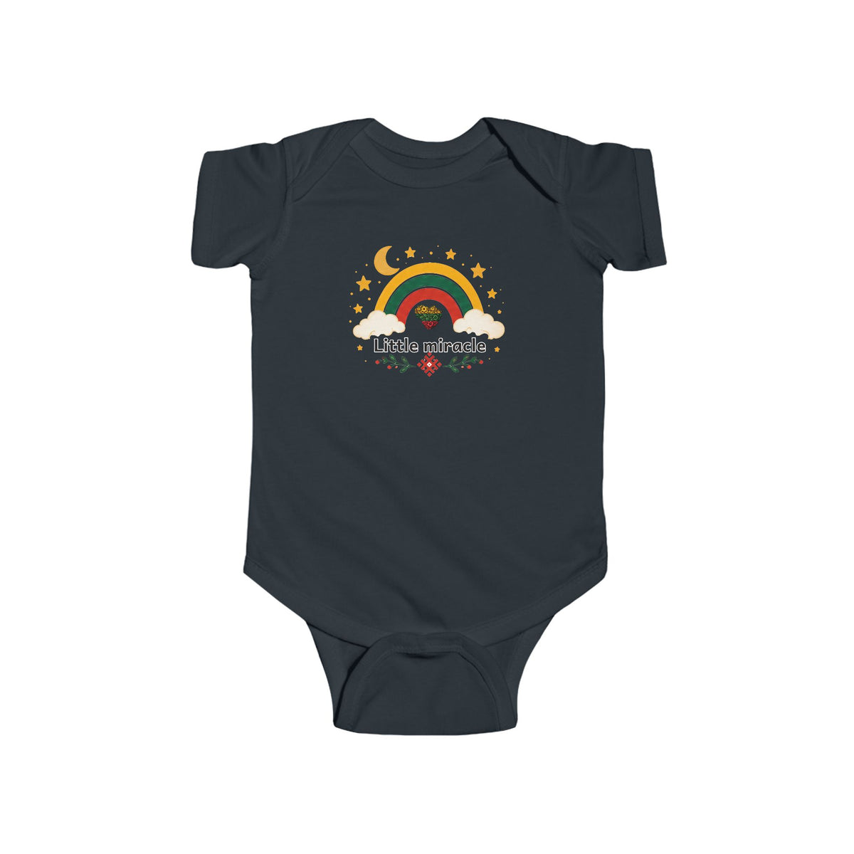 Little Miracle, front; Stebukla with Lithuanian Solar cross, back; Bodysuit, Infant Onesie