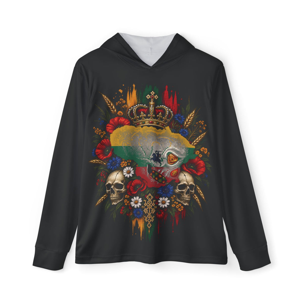Lithuanian Silver Flag Skull with Tri Colored Design,  Men's Sports Warmup Hoodie