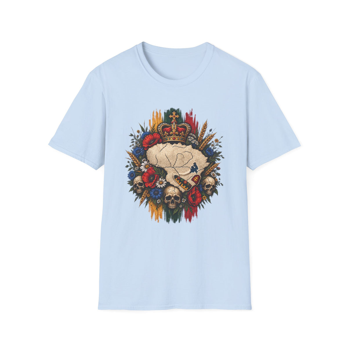 Lithuanian Flag Skull Design on TriColored Design on Front, Lithuanian Crest on Back, Unisex Softstyle T-Shirt