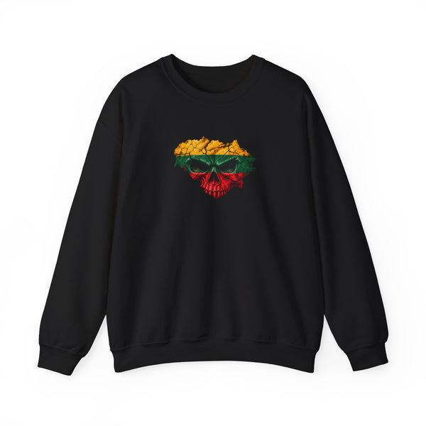 Lithuanian Menacing Flag Skull, front; Green Stebuklas, back; Unisex Heavy Blend™ Crewneck Sweatshirt