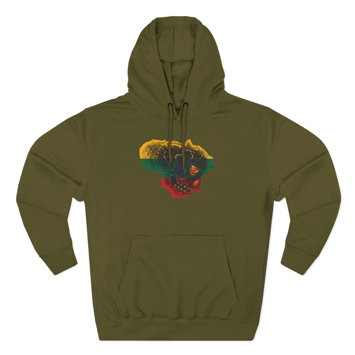 Lithuanian Blackened Flag Skull Design, front, The Center of it All, back