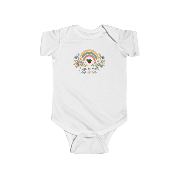 Auga su Meile, multiple flowers, soft Colors, front, Stebukla with Lithuanian Solar Cross, back, Bodysuit, Lithuanian Flag Infant Onesie