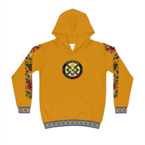 Blue Trim with Floral Sleeves; Amber Colored; Lietuva Visa ko Centras (Black), front; Lithuanian Cosmic Tree Heart, back; Youth Hoodie
