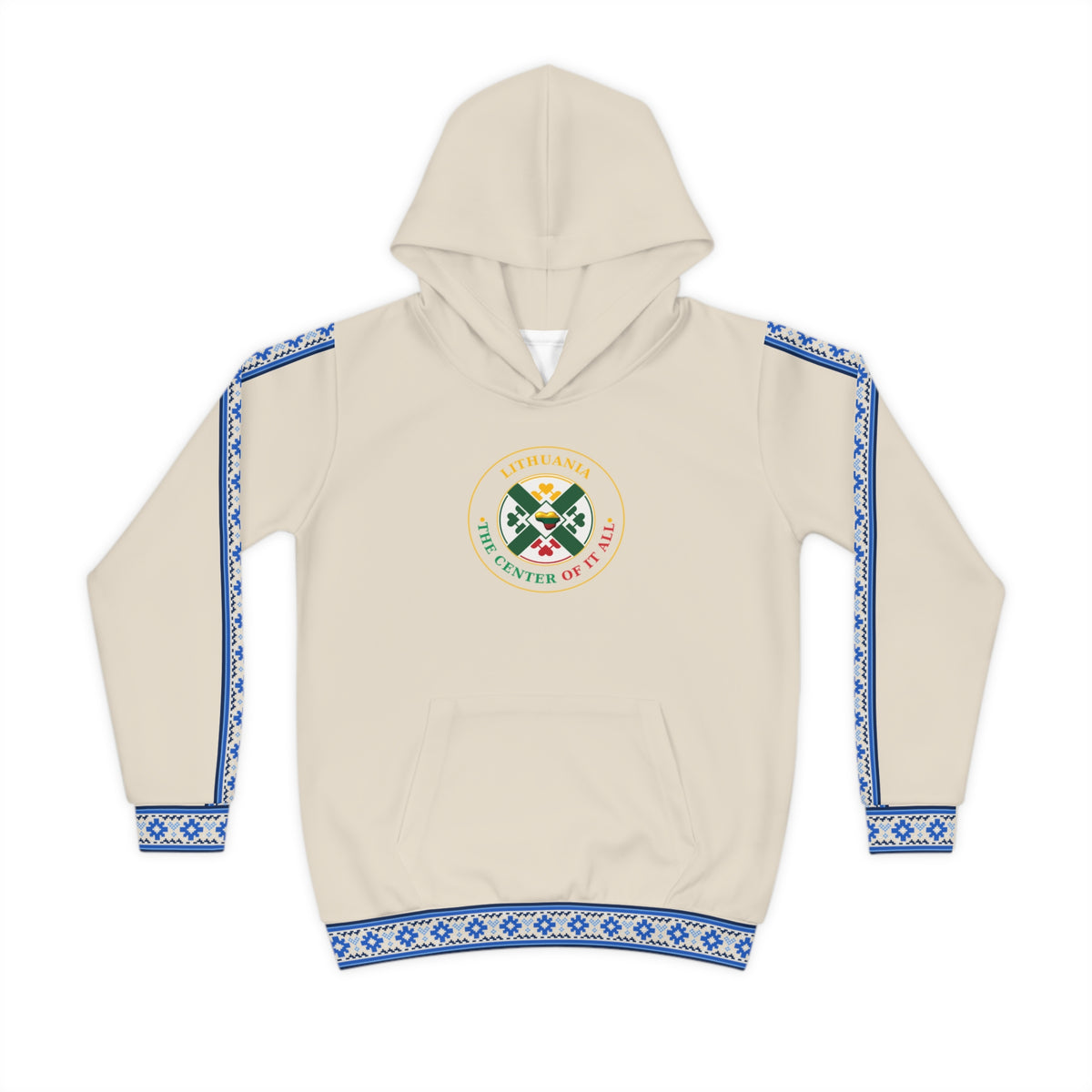 Blue Trim; Natural Linen; Lithuania the Center of it All, front; Color Lithuanian Cosmic Tree Heart, back; Youth Hoodie