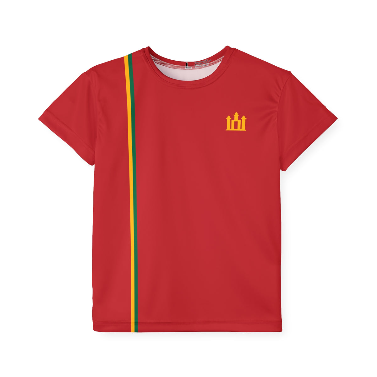 Lithuanian Flag Stripe, Gediminas columns, front; Stebuklas with Solar Cross, back; Kids Sports Jersey, Flag Red
