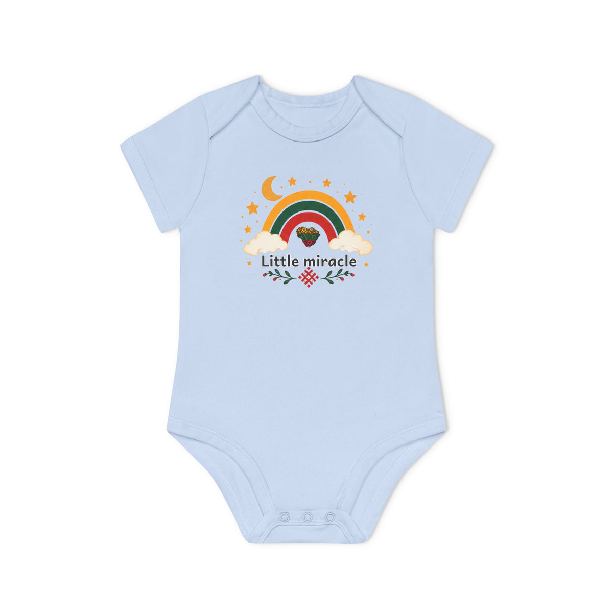 Little Miracle, front; Stebukla with Brand Logo, back; Baby Organic Short Sleeve Bodysuit