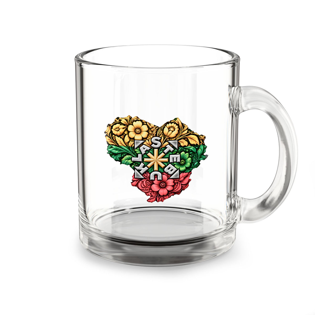 Lithuanian Flower Stebuklas Heart, Glass Mug, 10oz