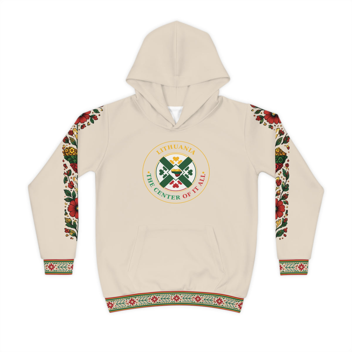 Natural Linen Lithuanian Design Lithuanian Cosmic Tree Heart Design-Center of it All Youth Hoodie with Flower Sleeve