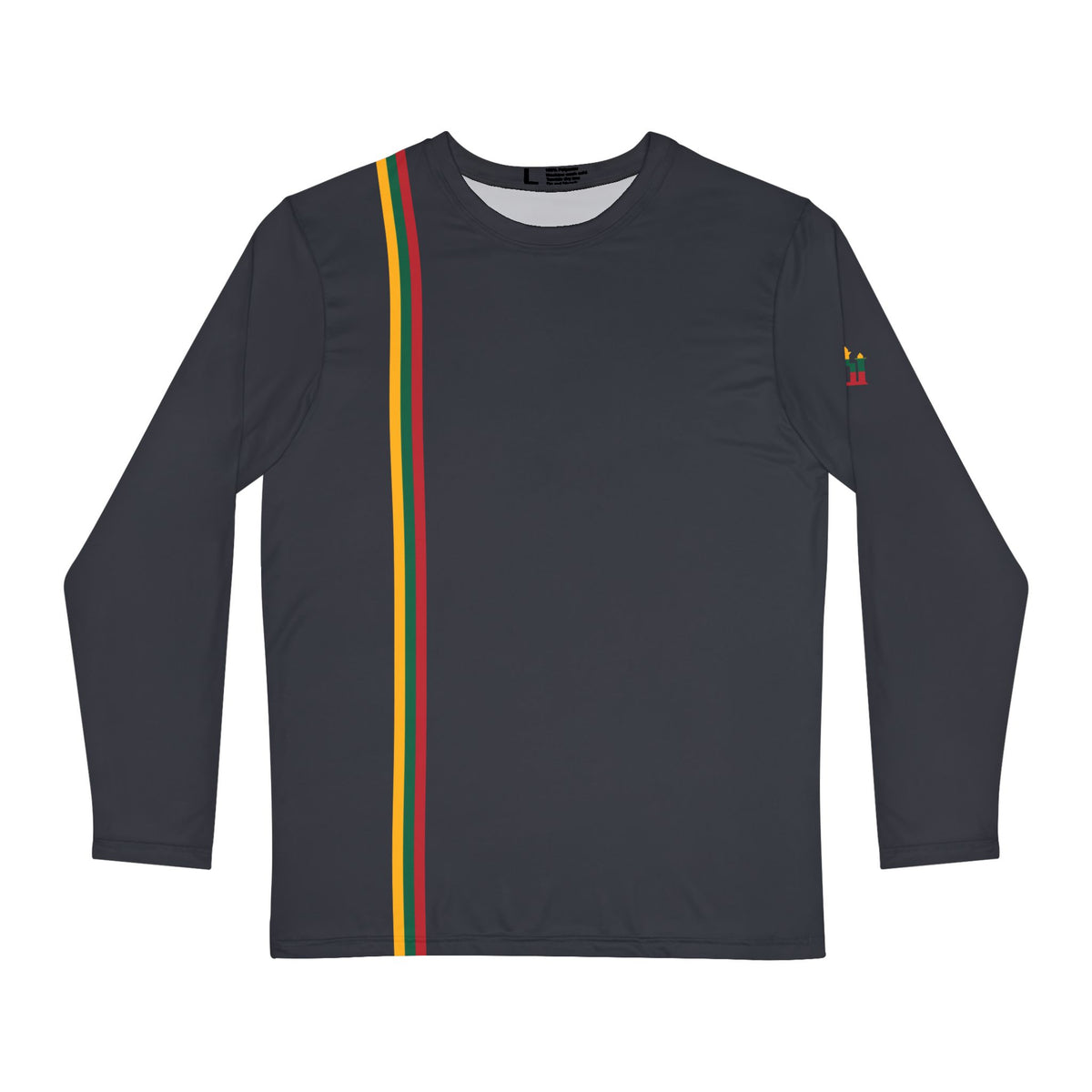 Men's Long Sleeve Shirt, Lithuanian Flag Stripe, front; Stebukla with Solar Cross, back. Charcoal