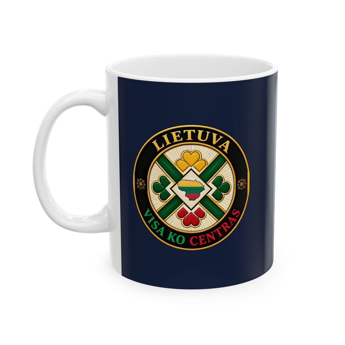 Lietuva Visa Ko Centres, Lithuanian Knit Sweater Heart, Ceramic Mug, (11oz, 15oz), Navy Blue