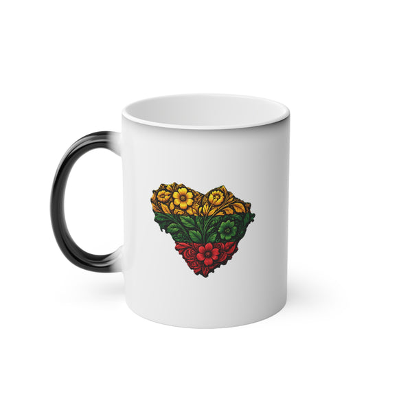 Lithuanian Flowered Heart Design, The Center of it All Logo, Magic Mug