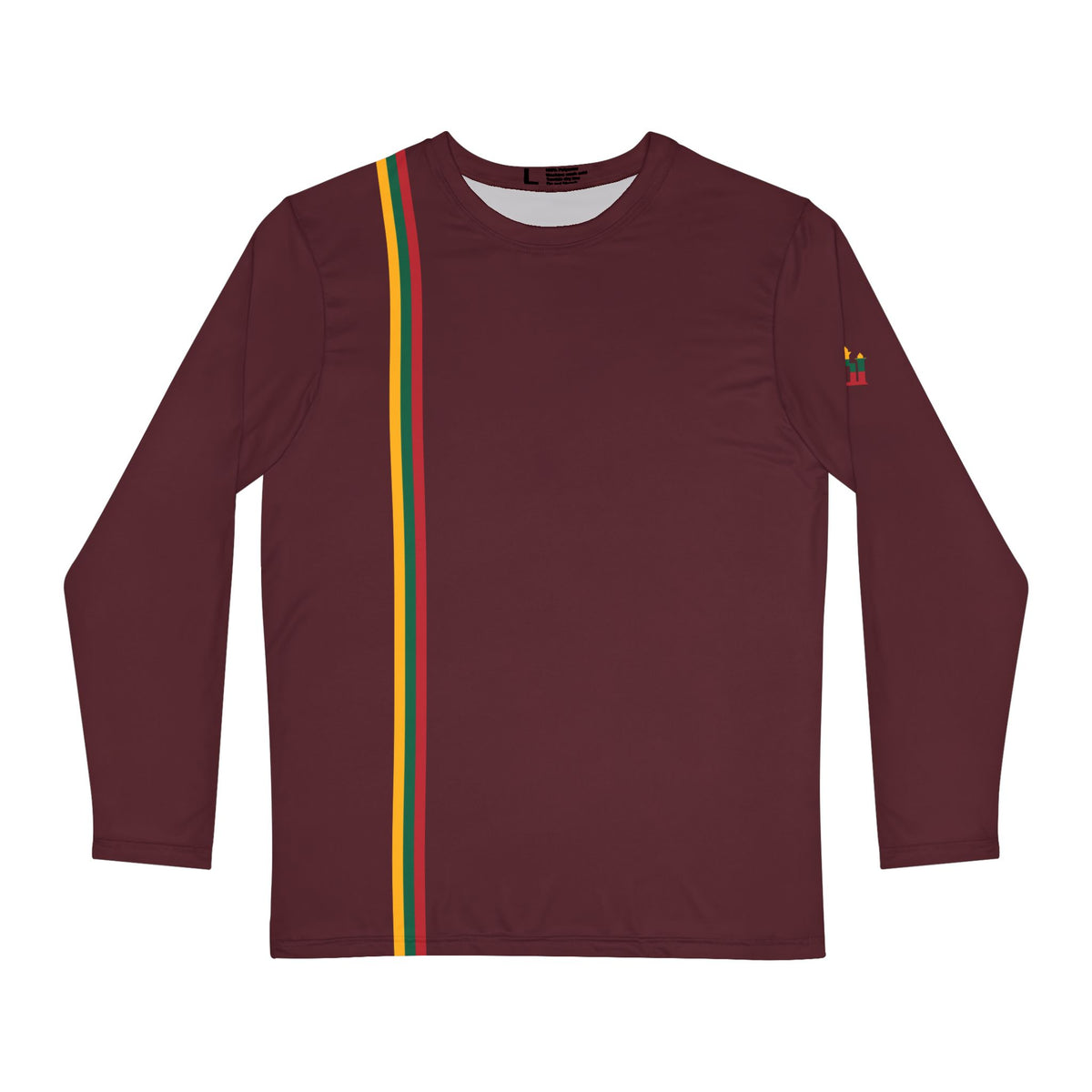 Men's Long Sleeve Shirt, Lithuanian Flag Stripe, front; Stebukla, back. Burgundy