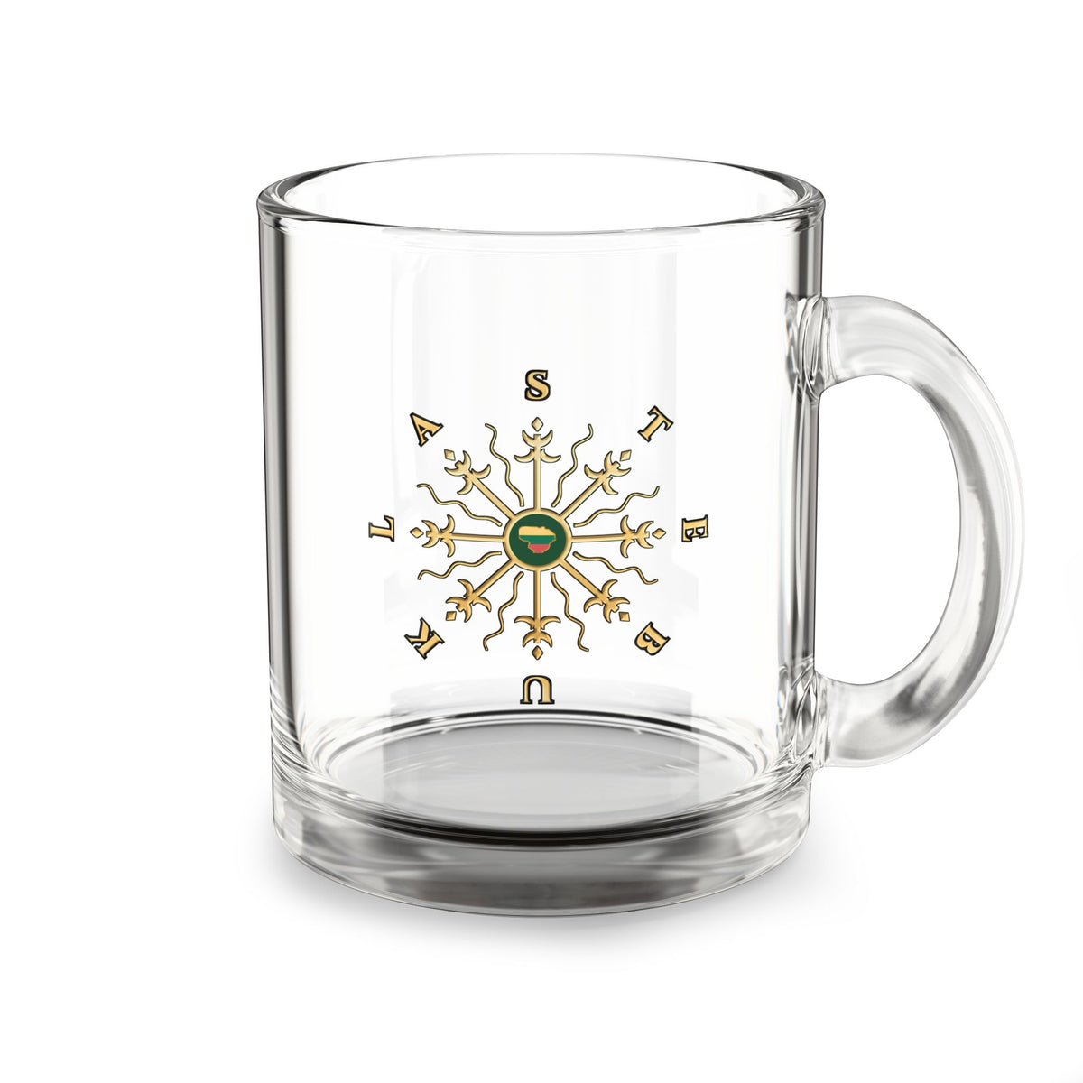 Stebukla with Lithuanian Solar Cross, Glass Mug, 10oz