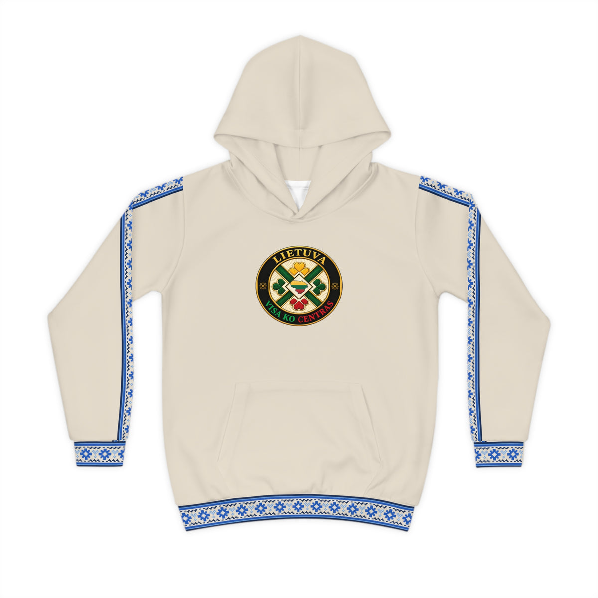 Blue Trim; Natural Linen Color; Lietuva Visa ko Centras (Black, front; Lithuanian Cosmic Tree Heart, back; Youth Hoodie