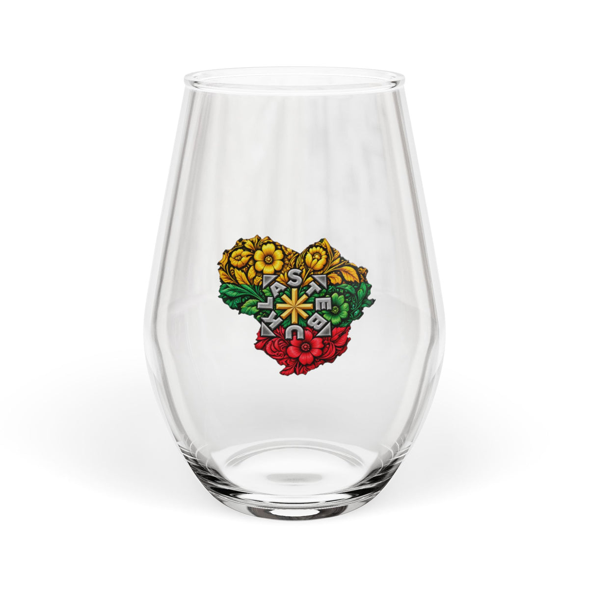Lithuanian Stebuklas Flower Heart, Stemless Wine Glass, 11.75oz