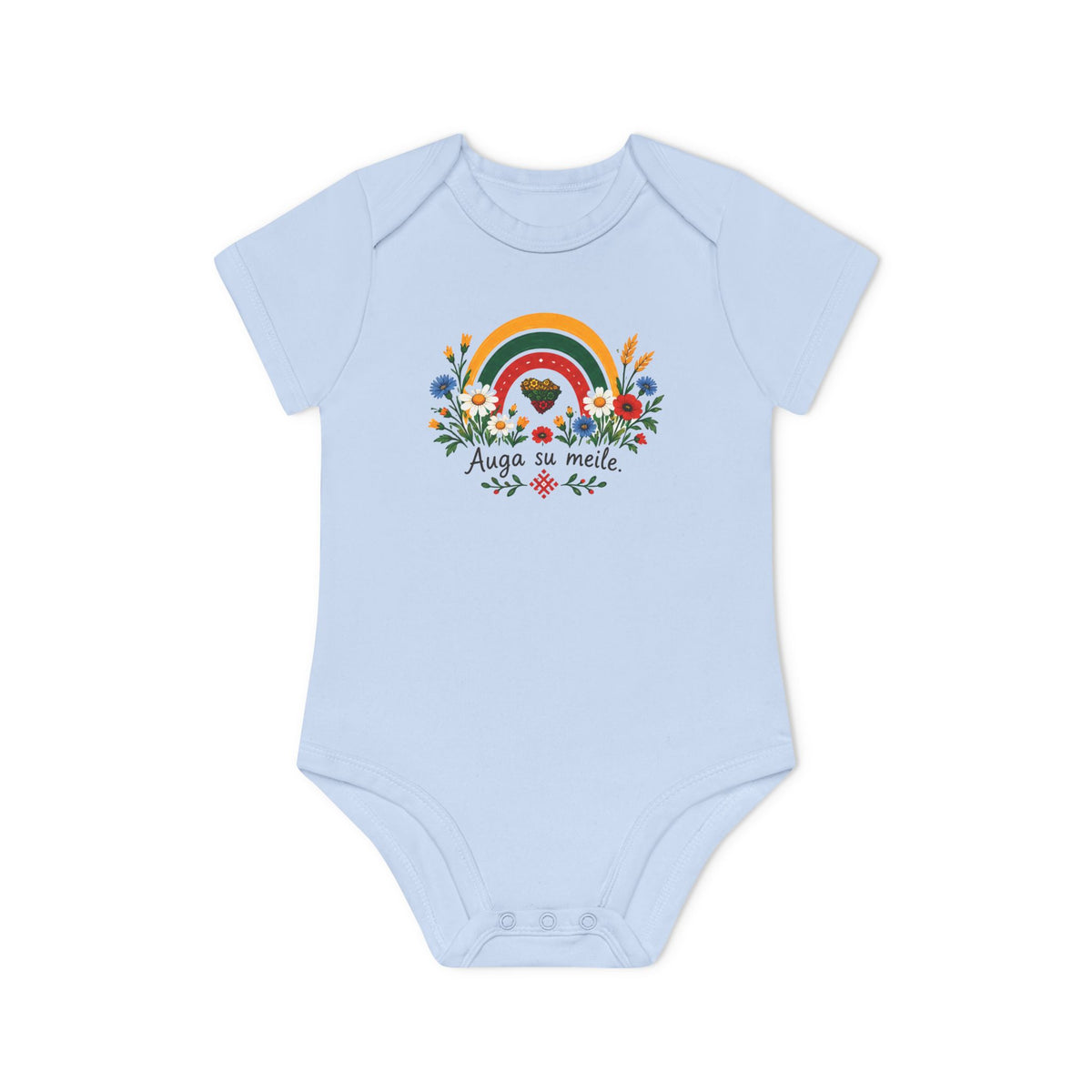 Auga su Meilė, meadow flowers, front; Stebukla with Brand Logo, back; Baby Organic Short Sleeve Bodysuit