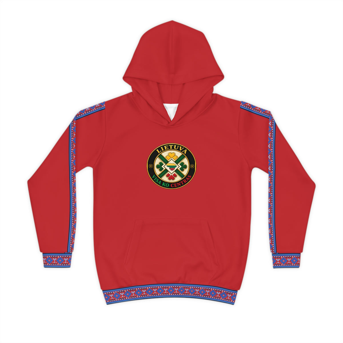Blue Trim; Lithuanian Flag Red; Lietuva Visa ko Centras (Black), front; Lithuanian Cosmic Tree Heart, back; Youth Hoodie