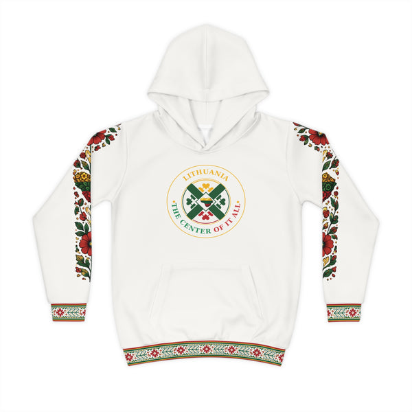 Crisp White Lithuanian Design Lithuanian Cosmic Tree Heart Design-Center of it All Youth Hoodie with Flower Sleeve