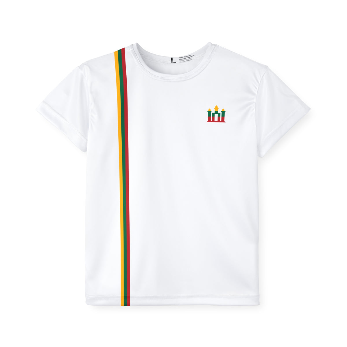 Lithuanian Flag Stripe, Gediminas columns, front; Stebuklas with Solar Cross, back; Kids Sports Jersey