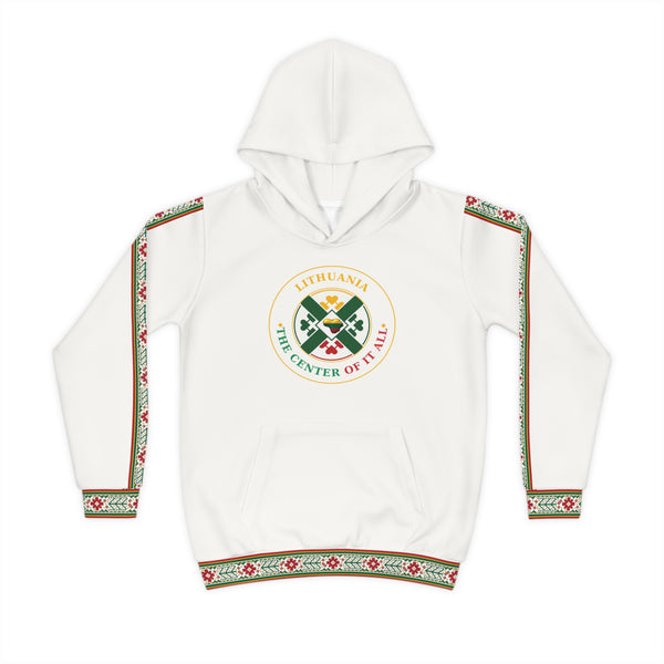 Lithuanian design on Crisp White Lithuanian Cosmic Tree Heart Design-Center of it All Youth Hoodie