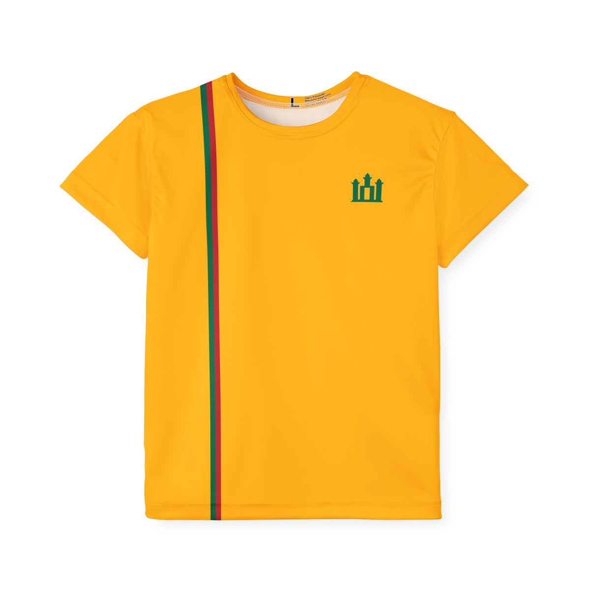 Lithuanian Flag Stripe, Gediminas columns, front; Stebuklas with Solar Cross, back; Kids Sports Jersey, Yellow