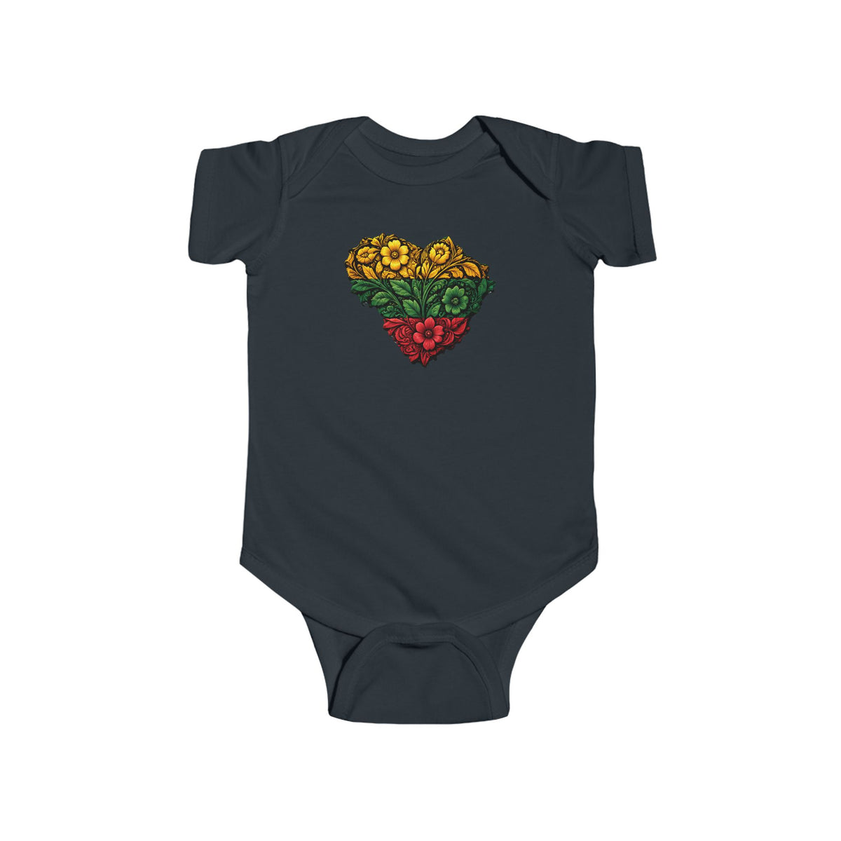Lithuania Flower Heart, front, Stebuklas with Lithuanian Solar Cross, back, Bodysuit, Infant Onesie