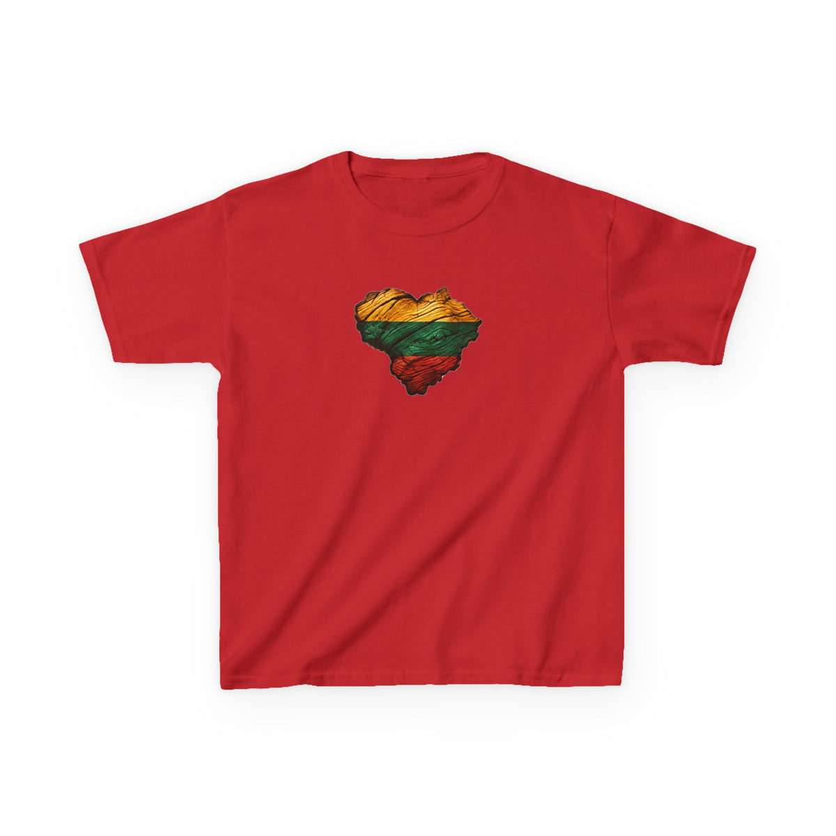 Lithuania Wooden Heart,front, Lietuva Visa Ko Centras, back, Kids Tee, Baltic Pride