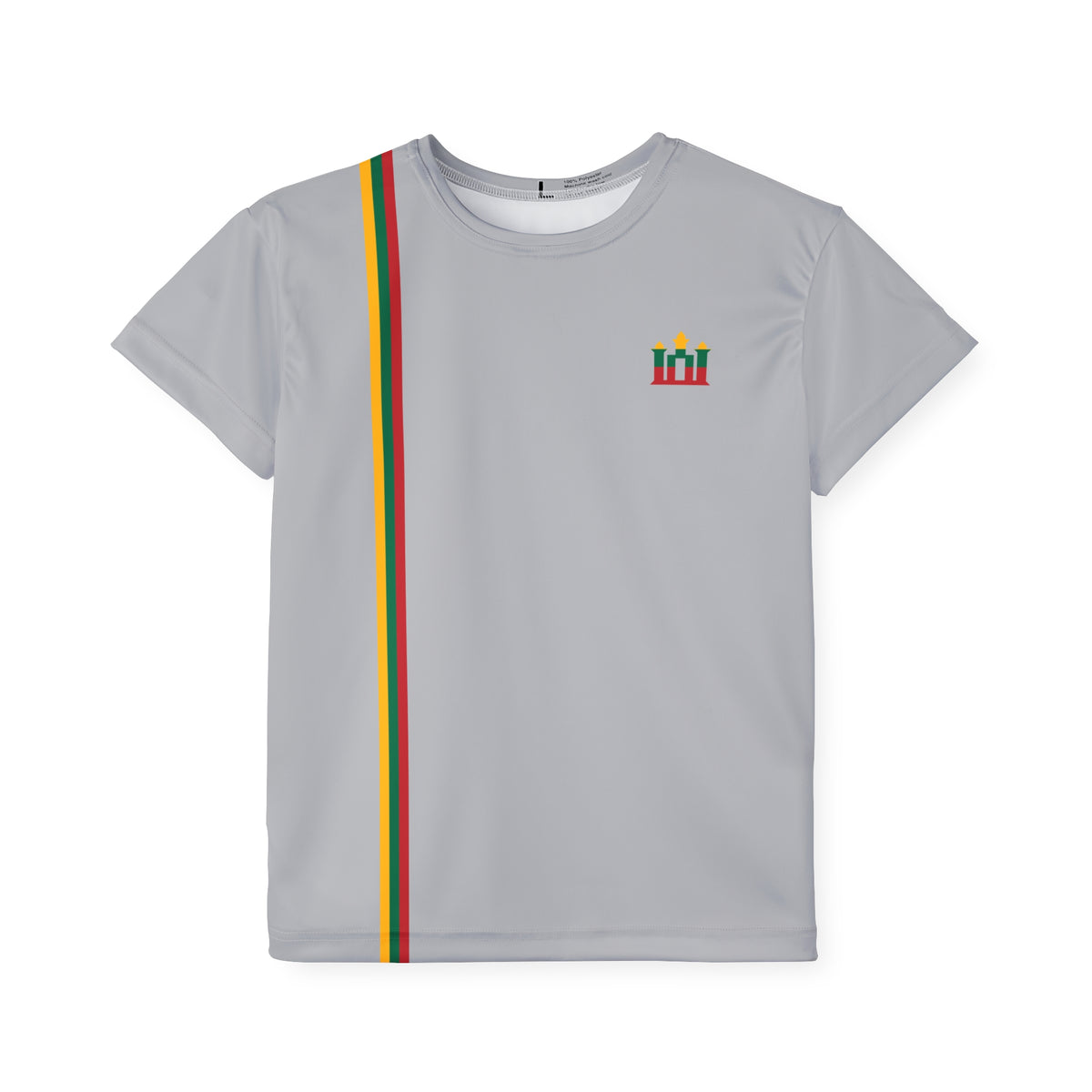 Lithuanian Flag Stripe, Gediminas columns, front; Stebuklas with Solar Cross, back; Kids Sports Jersey, Athletic Gray