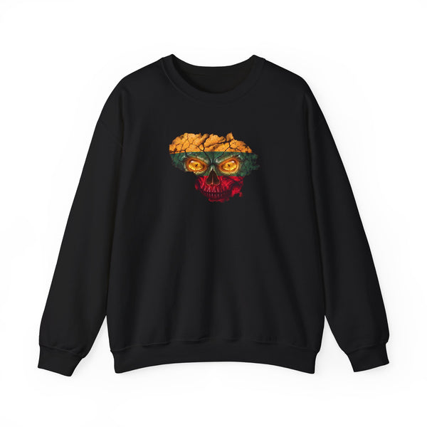 Lithuanian Flag Skull on Front, Lithuanian Tricolor with Flower and Skull Design on Back, Unisex Heavy Blend™ Crewneck Sweatshirt
