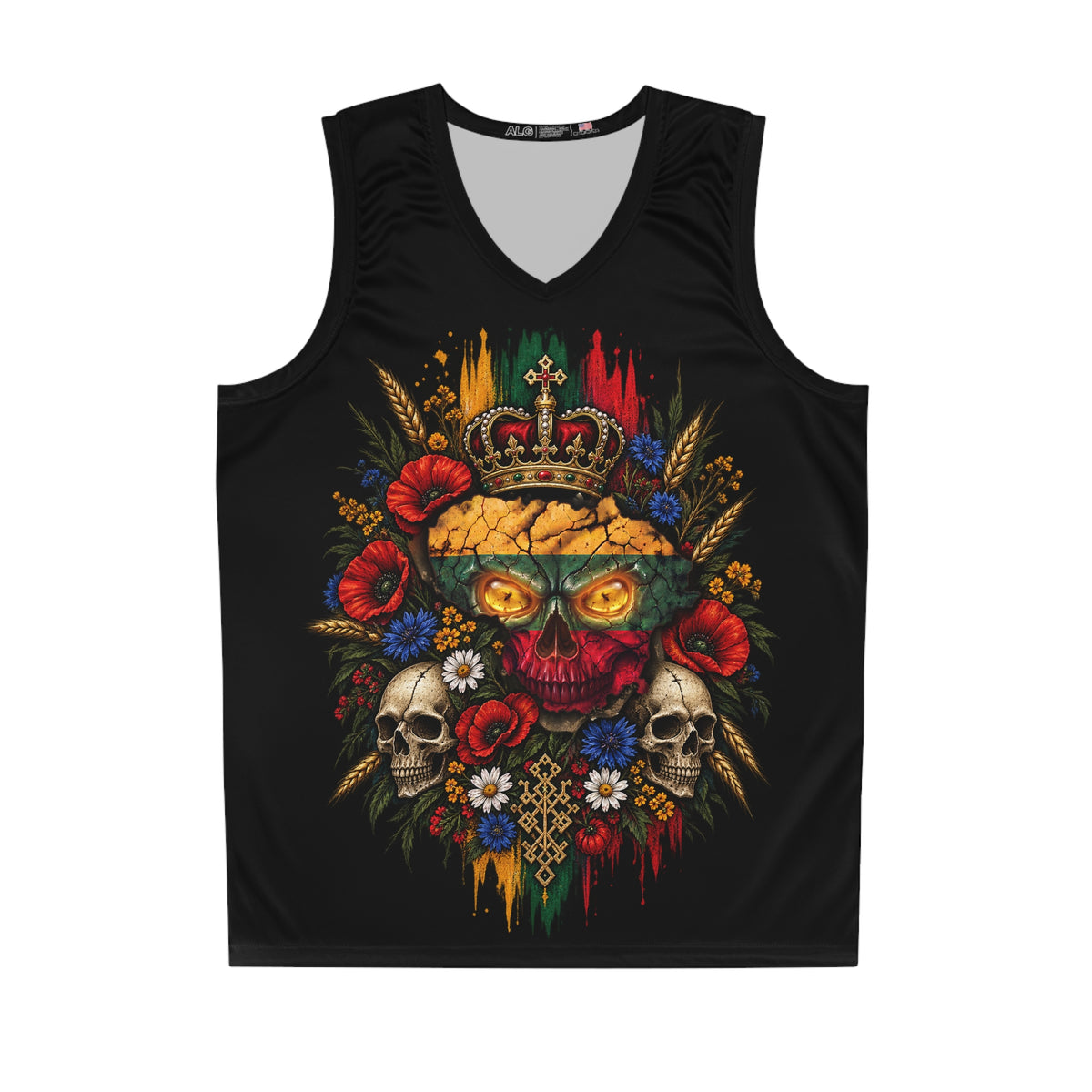 Lithuanian Flag Skull Design on TriColored Wreath on Front,  Basketball Jersey