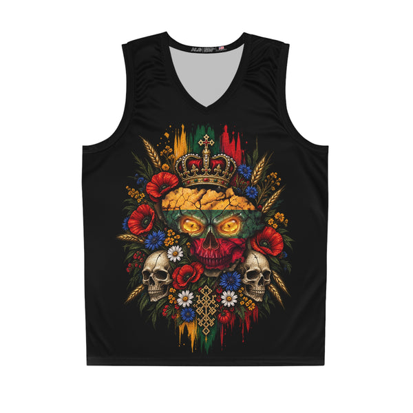 Lithuanian Flag Skull Design on TriColored Wreath on Front,  Basketball Jersey
