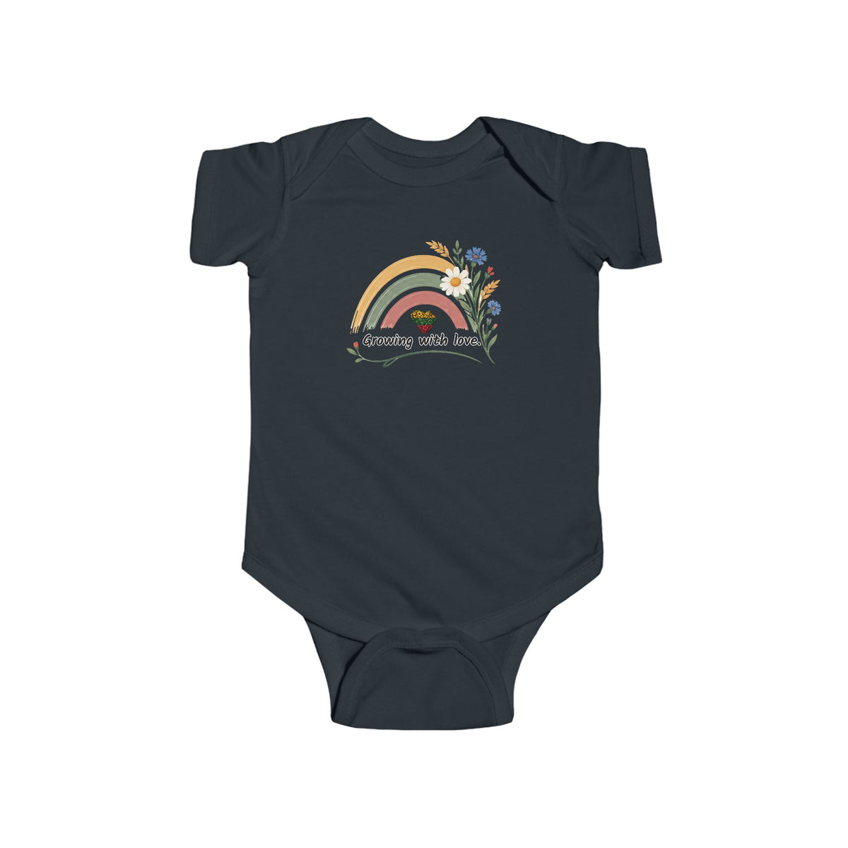 Growing with Love, soft Colors, front, Stebukla with Lithuanian Solar Cross, back, Bodysuit, Lithuanian Flag Infant Onesie
