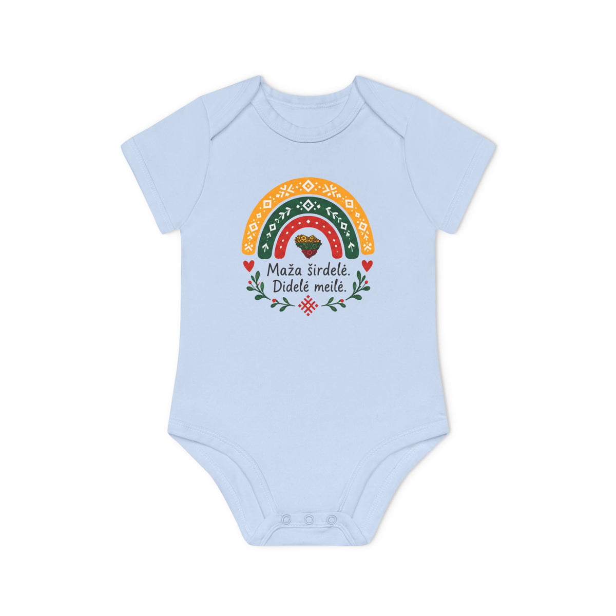 Maža Širdelė Didelė Meilė, front; Stebukla with Lithuanian Solar Cross, Baby Organic Short Sleeve Bodysuit