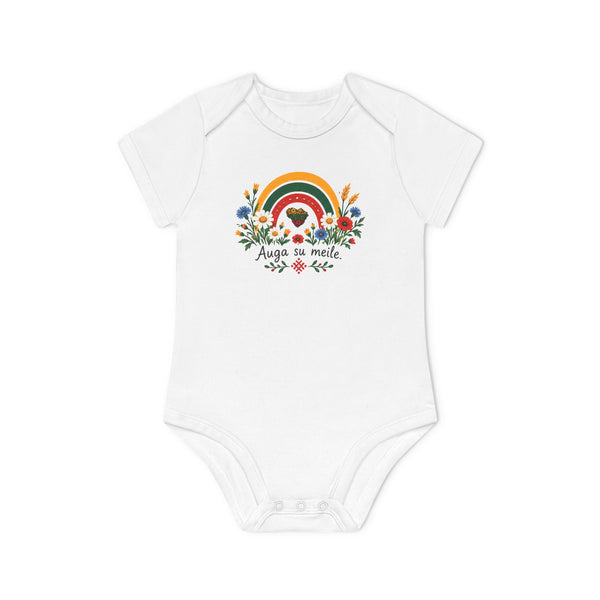 Auga su Meilė, meadow flowers, front; Stebukla with Brand Logo, back; Baby Organic Short Sleeve Bodysuit