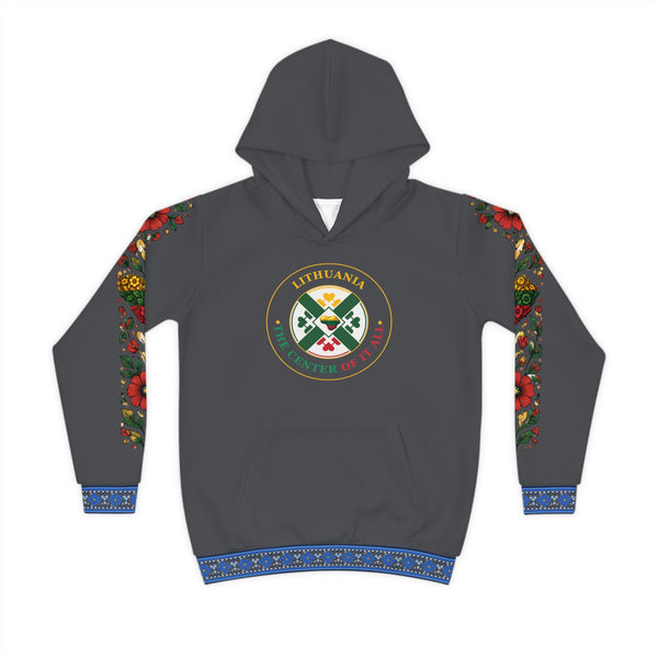 Graphite Lithuanian Cosmic Tree Heart Design-Center of it All Youth Hoodie with Flower Sleeve
