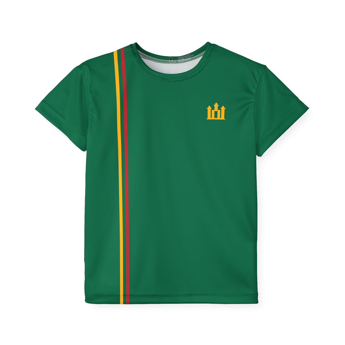 Lithuanian Flag Stripe, Gediminas columns, front; Stebuklas with Solar Cross, back; Kids Sports Jersey, Flag Green