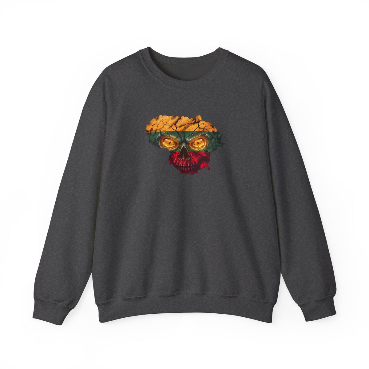 Lithuanian Flag Skull on Front, Lithuanian Tricolor with Flower and Skull Design on Back, Unisex Heavy Blend™ Crewneck Sweatshirt