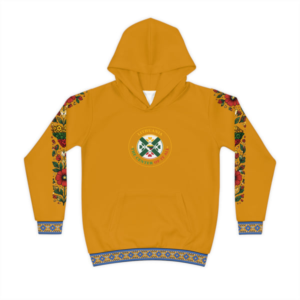 Blue Trim with Floral Sleeves; Amber Colored; Lithuania the Center of it All, front; Lithuanian Cosmic Tree Heart, back; Youth Hoodie