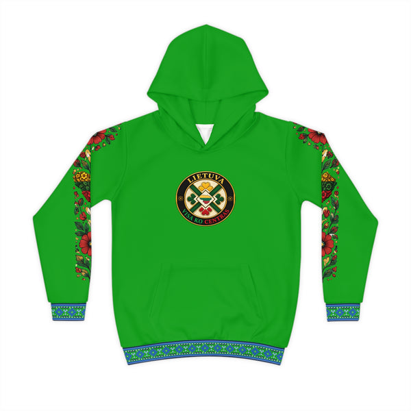 Blue Trim with Floral Sleeve; Green; Lietuva Visa ko Centras (Black), front; Lithuanian Cosmic Tree Heart, back; Youth Hoodie