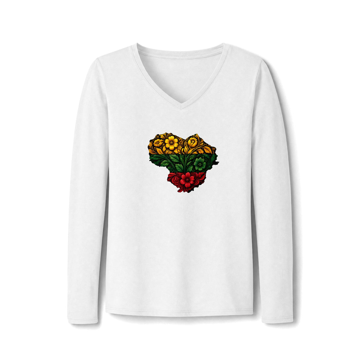 Lithuanian Floral Heart, Women's Long Sleeve Fan Favorite V-Neck Tee