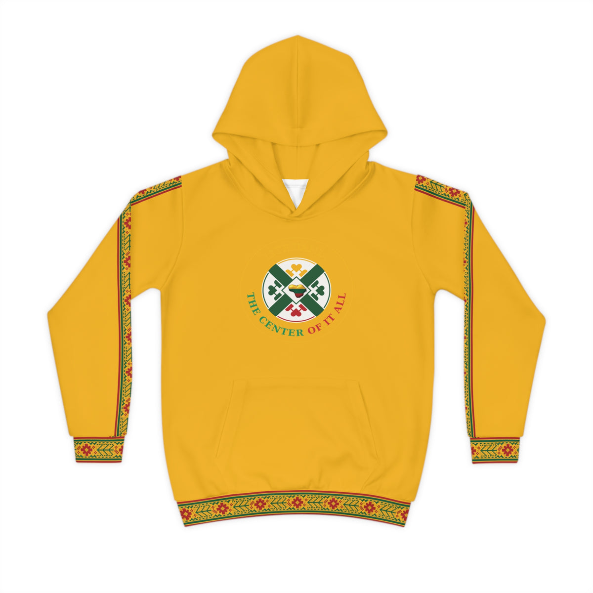 Lithuanian design on Flag Yellow Lithuanian Cosmic Tree Heart Design-Center of it All Youth Hoodie
