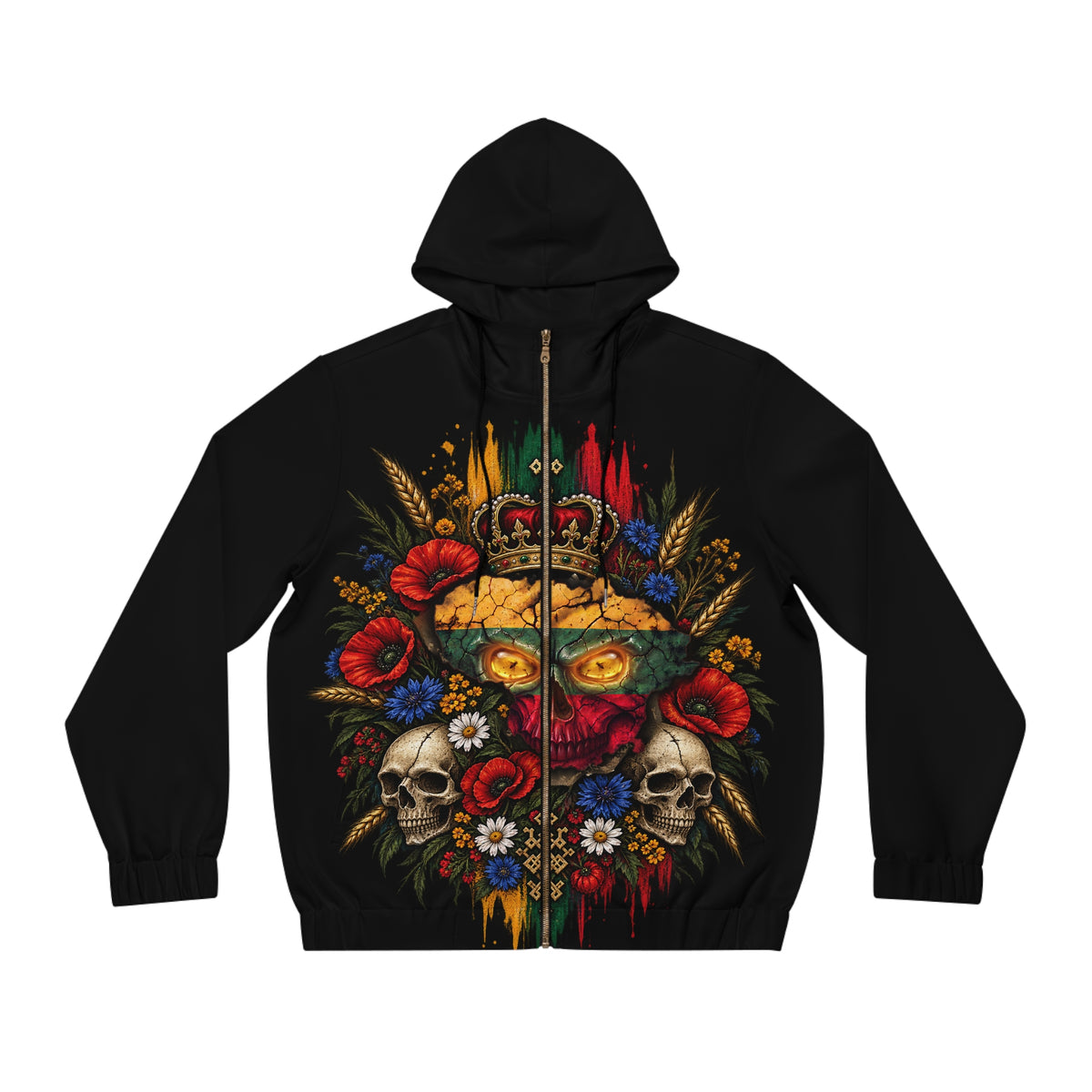 Lithuanian Flag Skull Design on TriColored Wreath on Front, Lithuanian Crest on Back, Men's Full-Zip Hoodie
