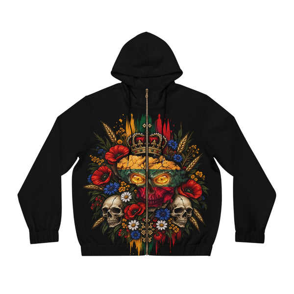 Lithuanian Flag Skull Design on TriColored Wreath on Front, Lithuanian Crest on Back, Men's Full-Zip Hoodie