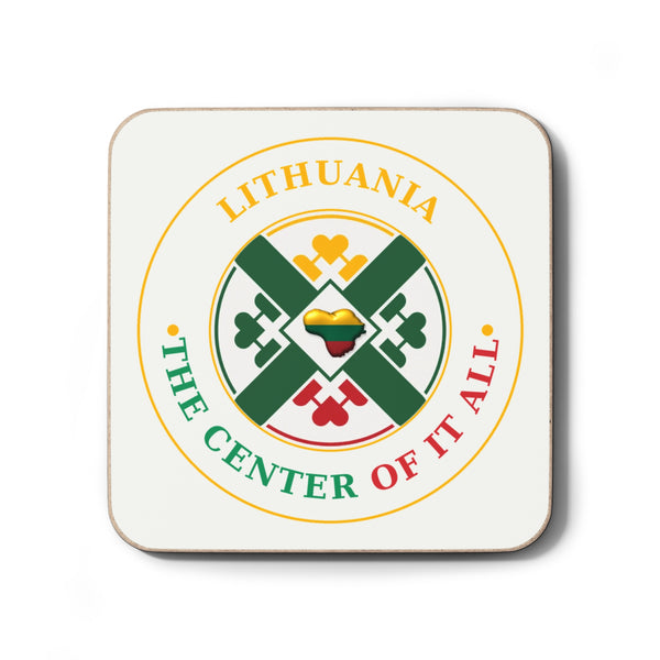 Lithuanian The center of it All Logo, Crisp White, Hardboard Back Coaster