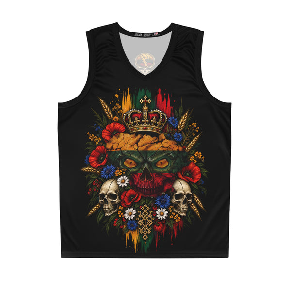 Lithuanian Menacing Flag Skull Design on Wreath, front; Lithuanian Basketball Lightening Emblem, back; Basketball Jersey