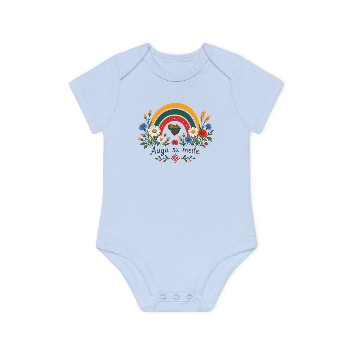 Auga su Mielė, meadow flowers, front; Stebukla with Lithuanian Solar Cross, Baby Organic Short Sleeve Bodysuit