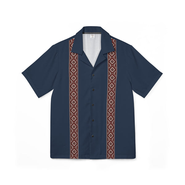 Navy Blue Men's Camp Shirt Lithuanian Inspired Folk Striped
