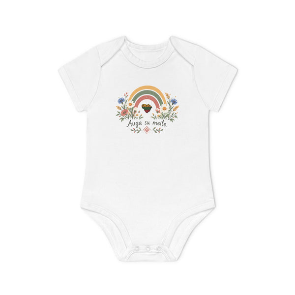 Auga su Meilė, soft colors, meadow flowers, front; Stebukla with Brand Logo, back; Baby Organic Short Sleeve Bodysuit