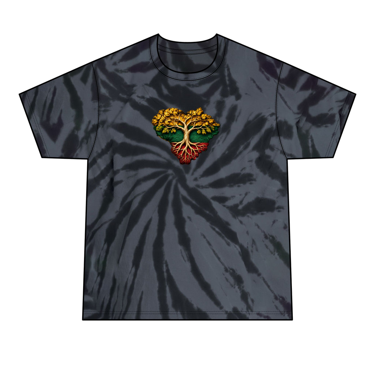 Lithuanian tree of Life Heart Design, Tie-Dye Tee | Black Spiral