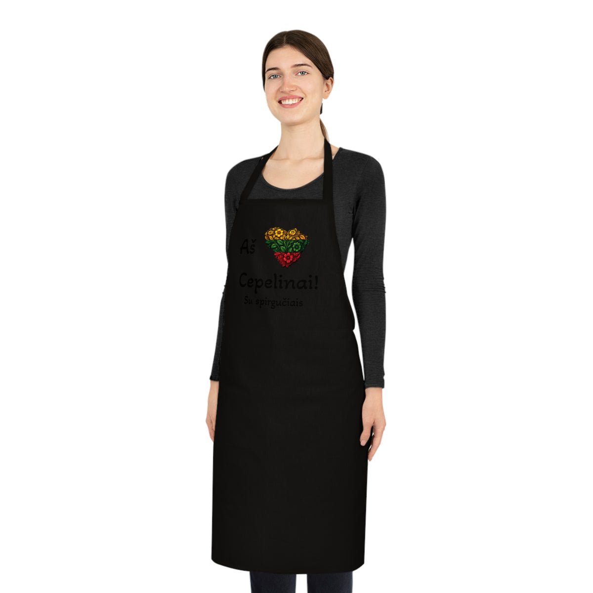 Lithuanian Flowered Heart Design, I Love Cepelinai, Cotton Apron In Lithuanian Language